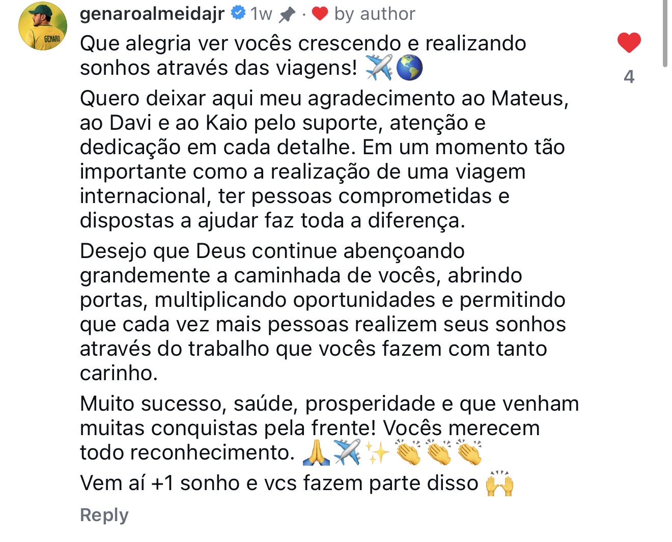 Depoimento do Instagram @genaroalmeidajr